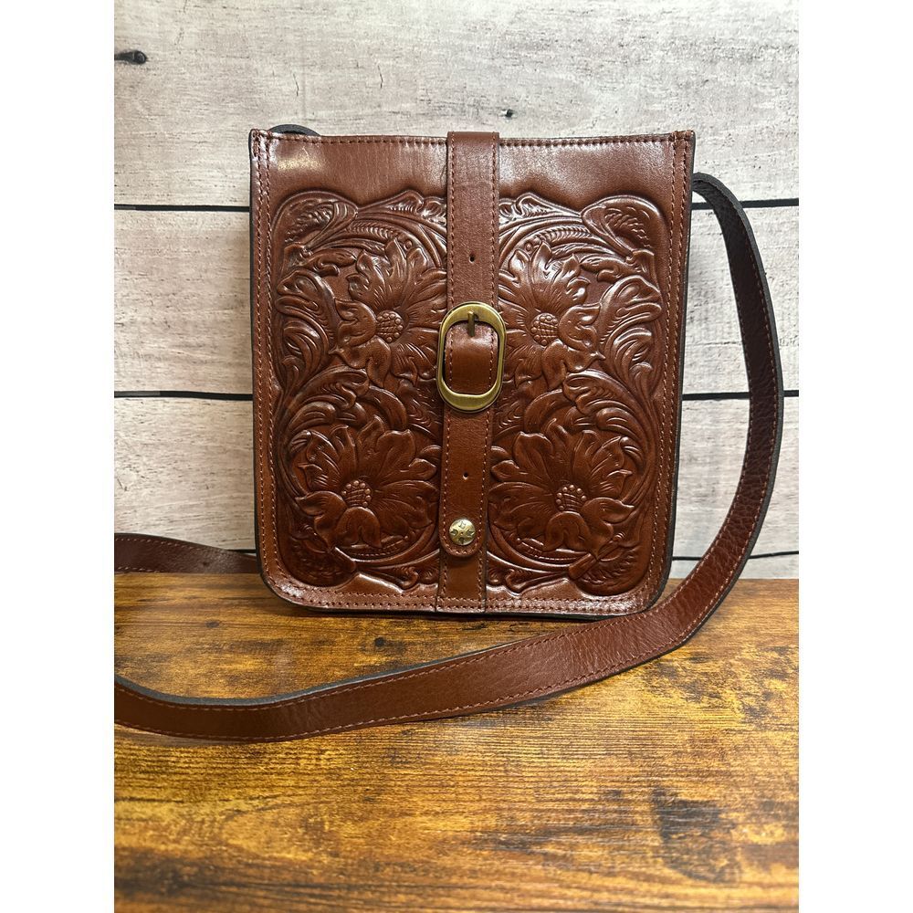 Patricia Nash Leather Venezia Pouch w/ Crossbody Strap Brown Tooled Leather